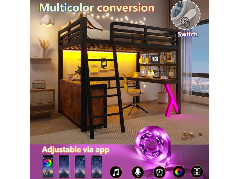  Lit mezzanine, 140 × 200 cm, noir, bureau, led, armoire, sans matelas, métal, led pilotable par appli, poids 74,7 kg  - Conforama D