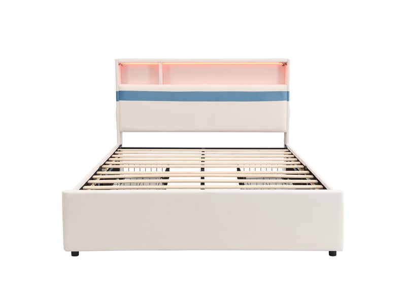  Lit double rembourré 140x200 cm blanc et bleu, velours, led, usb, 4 tiroirs  - Conforama A