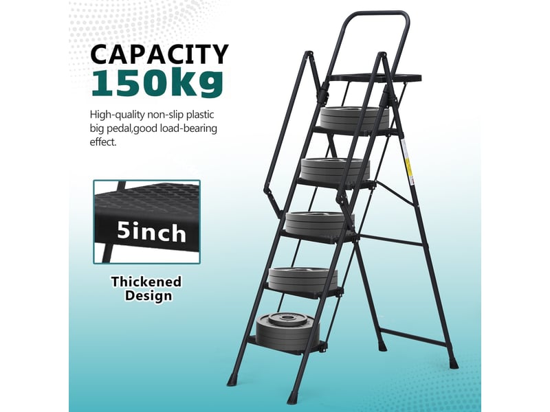  Escabeau 5 marches pliant avec plateau porte-outils amovible, acier, noir  - Conforama R