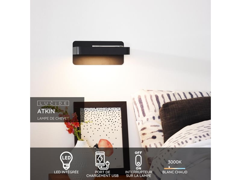 Lampe de chevet applique mural led 1x6w 3000k 350 lm noir - lucide - atkin  - Conforama C