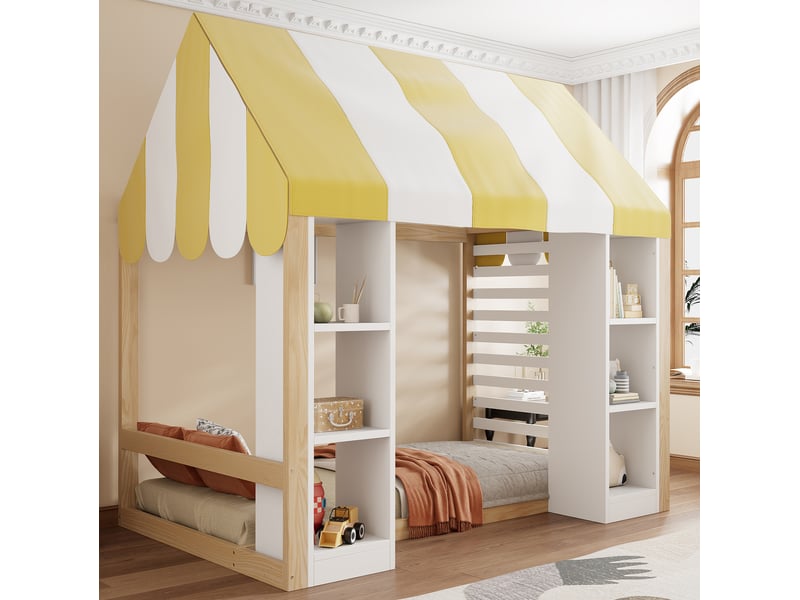  Lit enfant style campagne, 90x200 cm, solution de rangement ouvert, matelas non inclus, bois, coloris blanc et naturel  - Conforama D