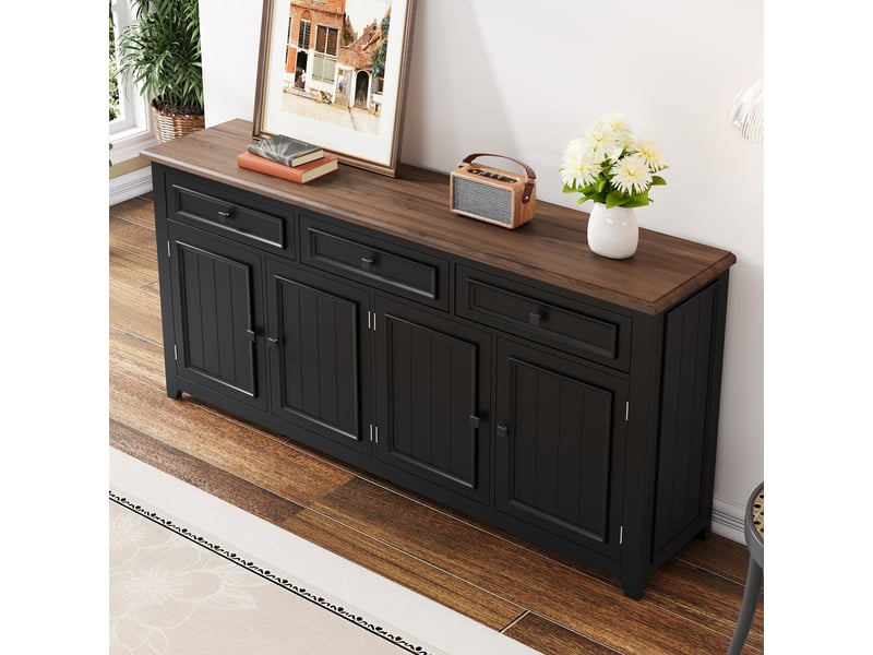 Buffet moderne noir et bois 4 portes 3 tiroirs en mdf 160 cm - Conforama D