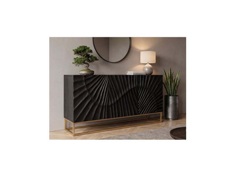  Buffet bas silva 3 portes noir et doré en bois massif de manguier sculpté – 140 x 75 x 38 cm  - Conforama B