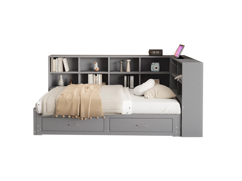Lit banquette 90x190 cm extensible 180x190 cm – gris – rangements, prises et 2 tiroirs – sans matelas - Conforama A