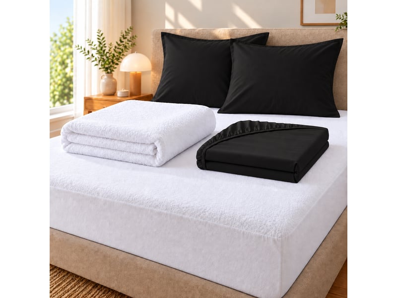  Pack literie protège matelas 140x190 imperméable + drap housse + 2 taies noir  - Conforama A
