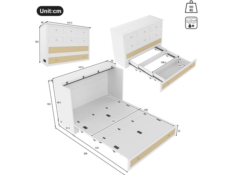  Lit escamotable, 140x200 cm, couchage escamotable, avec tiroirs, usb et prise, matelas non inclus, mdf, coloris blanc  - Conforama C