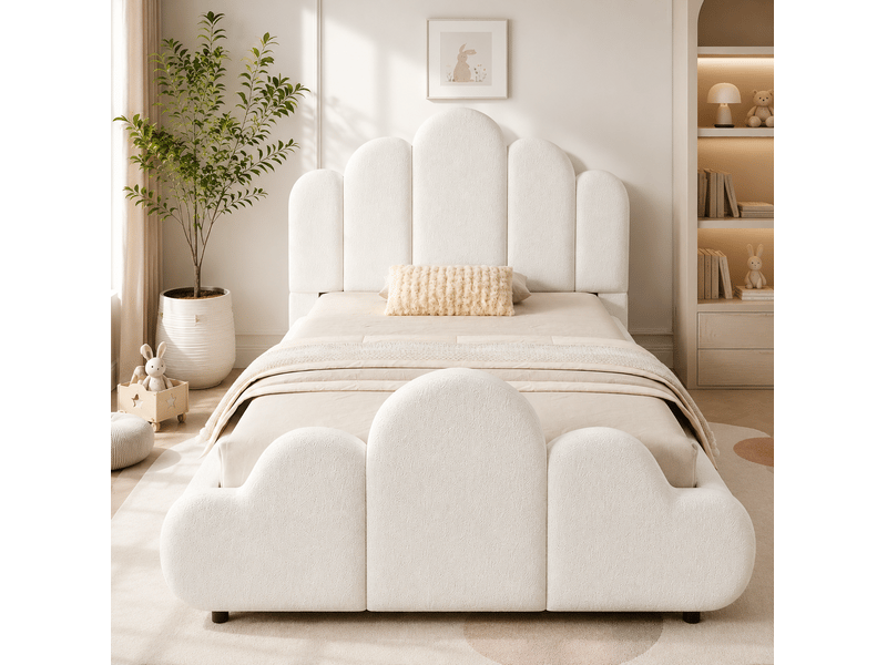  Lit enfant 90 x 200 cm en bouclé beige avec sommier et tête de lit rembourrée  - Conforama D
