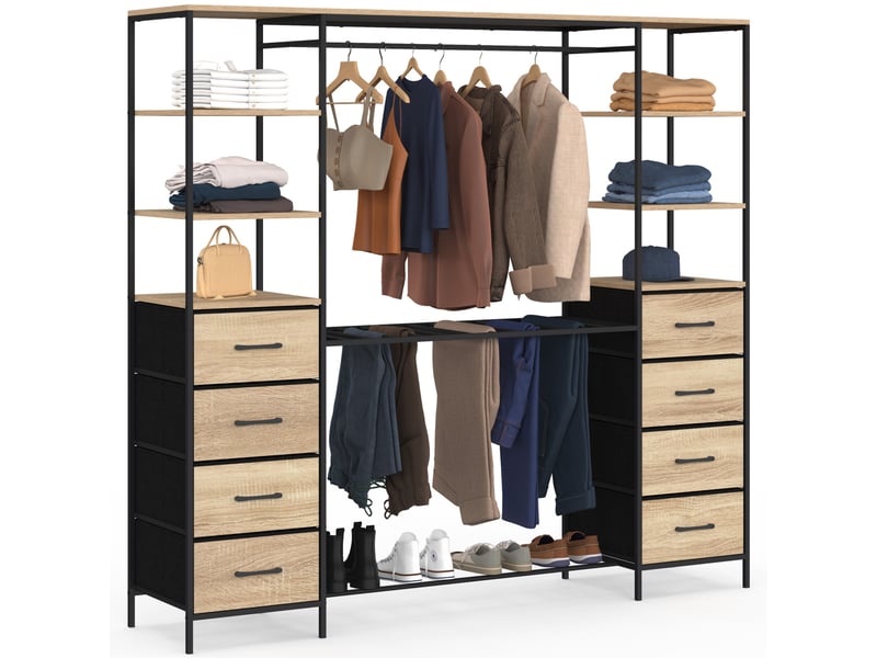  Dressing double xxl utah 180 cm avec porte pantalons, étagères, bacs en tissu et porte chaussures bois et noir  - Conforama A