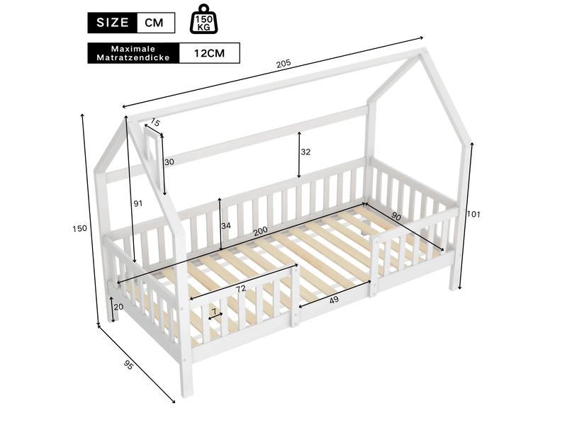  Lit cabane enfant 90x200 en bois, lit maison avec cheminée et barrière, sommier inclus, blanc classique pour garçons et filles  - Conforama B