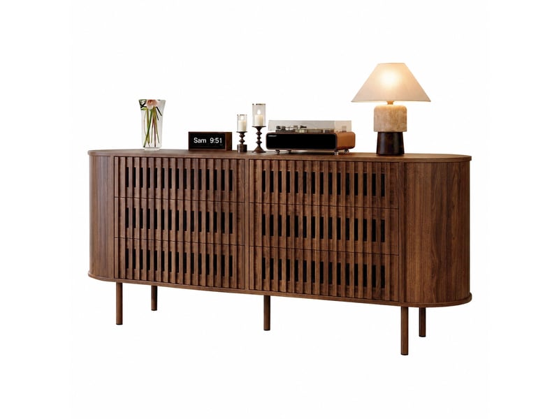  Buffet 160 x 40 x 70 cm à six tiroirs, façade à lames, pieds métal, marron noyer  - Conforama A
