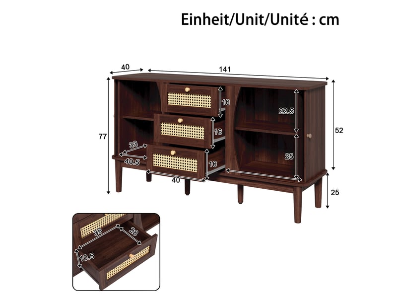  Buffet 141x40x77 cm avec 2 portes coulissantes et 3 tiroirs en mdf couleur marron, design simple  - Conforama C