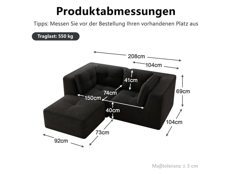  Canapé d'angle modulable 2 places en velours côtelé noir avec repose-pieds mobile - 208 x 177 x 69 cm  - Conforama E