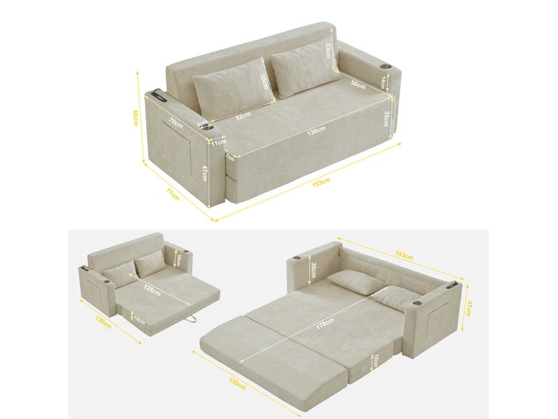  Canapé convertible 2 places pliable avec ports usb, porte-gobelets et poches latérales en chenille beige  - Conforama C