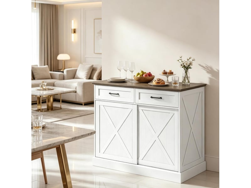  Îlot de cuisine fixe avec rangement, 2 tiroirs, placard coulissant, plan de travail  - Conforama D