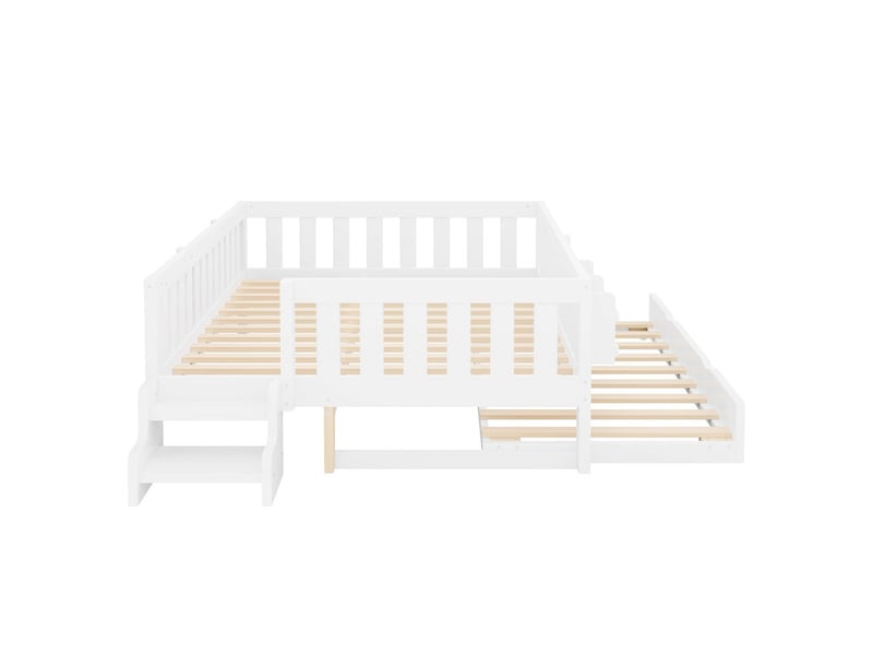  Lit enfant, 140 x 200 cm, avec lit gigogne et barrière de sécurité, lit en bois avec bibliothèque et escalier d'accès, blanc  - Conforama E