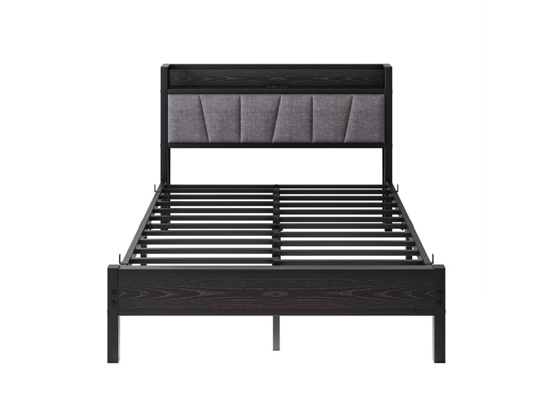  Lit jeune 140x190 cm tête de lit haute, 13 lattes, prise, usb, avec éclairage led, rangement sous le lit, mdf métal, noir sans matelas  - Conforama A