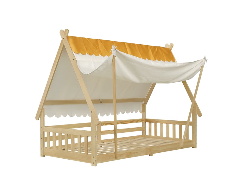  Lit cabane 90x200 cm, lit enfant avec tente amovible, barrière de sécurité, en bois, naturel, sans matelas  - Conforama A