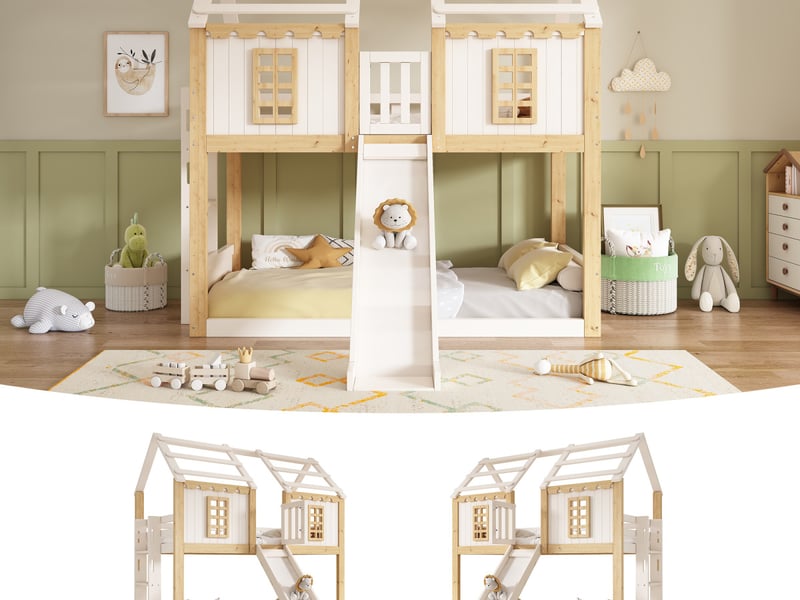  Lit superposé maison enfant 90x200 cm avec toboggan, échelle flexible et protection anti-chute, bois blanc et naturel  - Conforama B