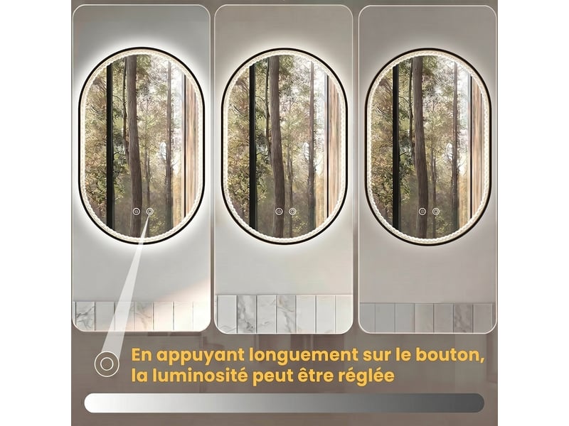  Miroir de salle de bain ovale 50x80 cm avec fonction anti-buée et cadre noir  - Conforama D