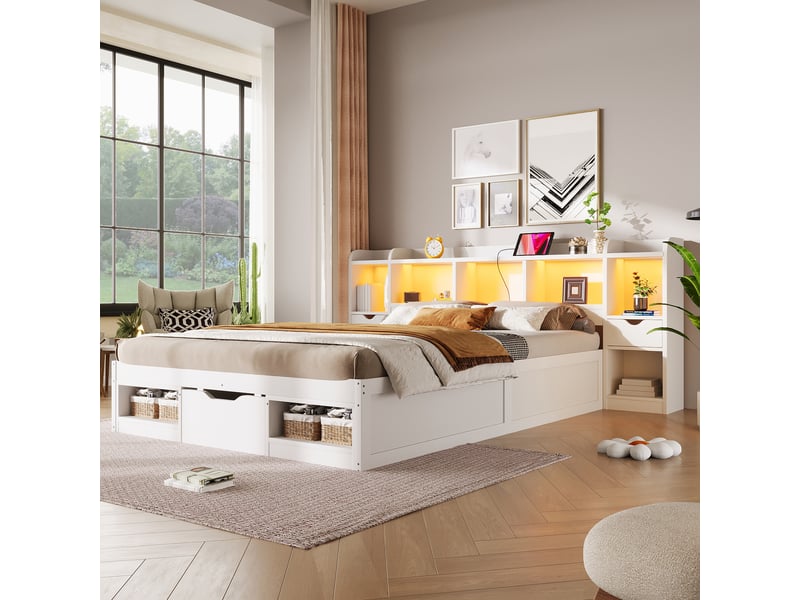  Lit adulte 140 x 200 cm, avec tête de lit dotée d'un espace de rangement, de tiroirs, d'une lampe led et d'un port usb, blanc  - Conforama D