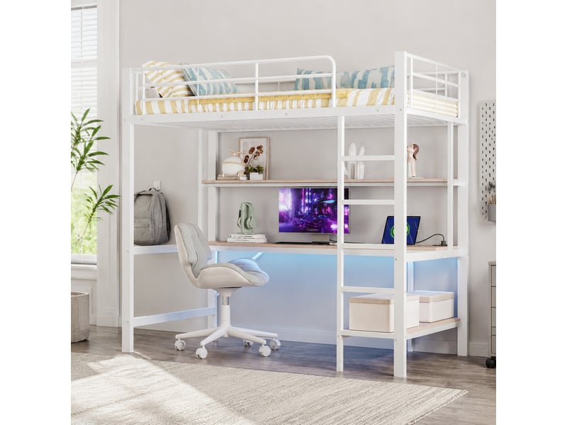  Lit mezzanine en métal, lit simple avec bureau, étagères, prise, usb et led, 90x200 cm, sans matelas, blanc  - Conforama C