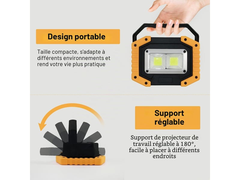  Lot de 2 projecteurs de chantier led 30 w rechargeables 3 modes d'éclairage lampe de travail étanche cob  - Conforama C