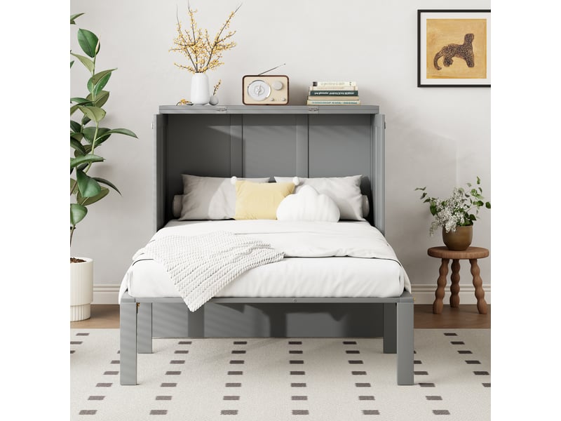  Lit 1 personne 90 x 200 cm, lit enfant avec sommier a lattes, lit rabattable mural, lit escamotable avec sommier a lattes, gris  - Conforama D