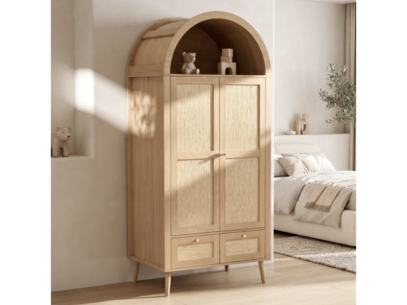 Armoire à vêtements 2 portes avec tringle, 2 tiroirs, niche ouverte, effet rotin, kaki - Conforama W