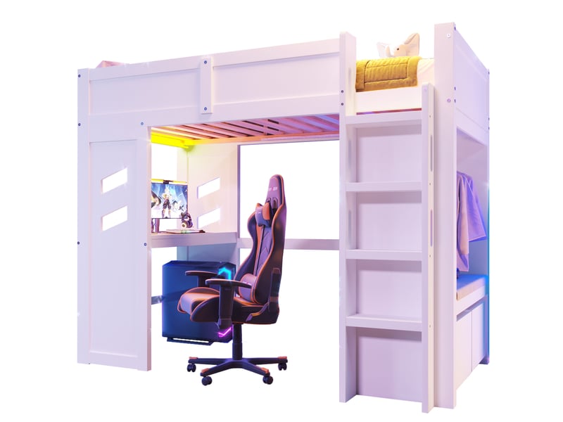  Lit mezzanine 90x200 cm avec bureau, éclairage led, tiroirs et échelle blanc  - Conforama A
