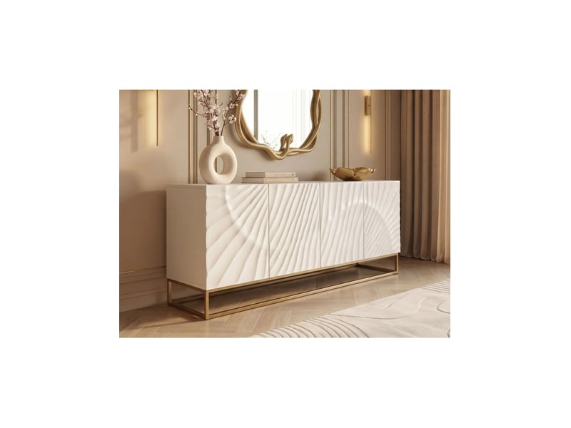  Buffet silva 177 cm en bois massif de manguier blanc sculpté – 4 portes et piètement doré  - Conforama B