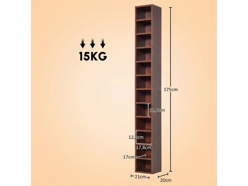  Colonne de rangement cd dvd haut et mince 21 x 20 x 175 cm gain d'espace anti basculement style moderne en mdf marron 21_0001694  - Conforama B