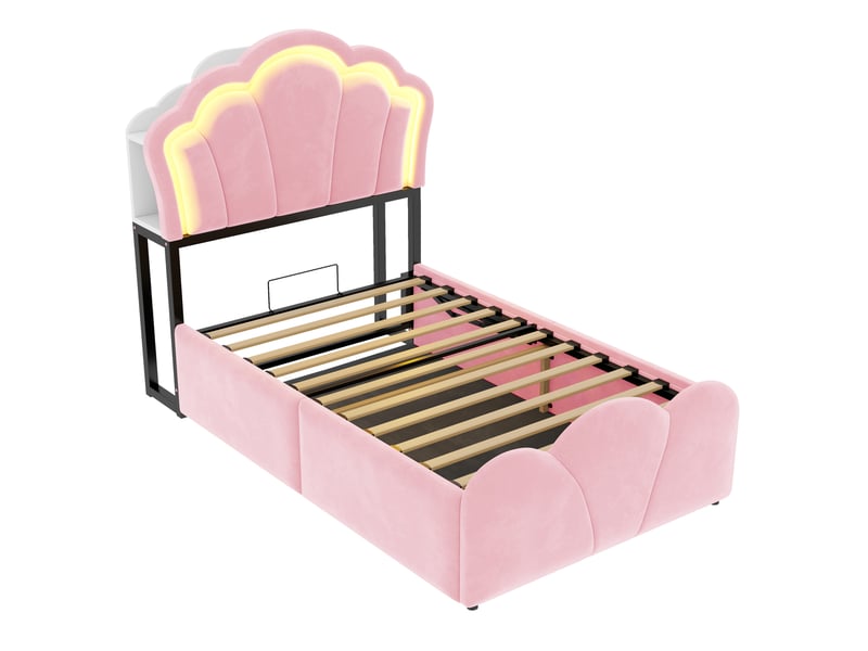  Lit d'enfant 90 × 200 cm, avec éclairage led, rangements intégrés, prises électriques intégrées, revêtement en velours,rose  - Conforama R