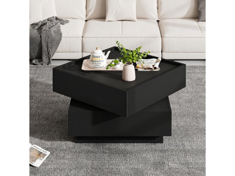 Table basse noire pivotante à 360° avec deux tiroirs, carrée 60 x 60 x 38 cm  - Conforama C