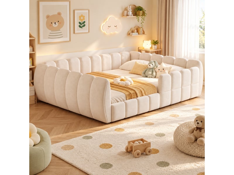  Lit enfant au sol 140x200 cm beige en velours, design fermé avec angles arrondis, sans matelas  - Conforama D