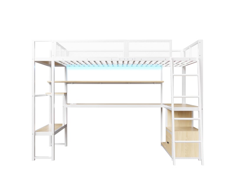  Lit mezzanine gaming en métal 140x200 cm, coloris blanc, avec espace de travail, led et nombreux rangements  - Conforama A