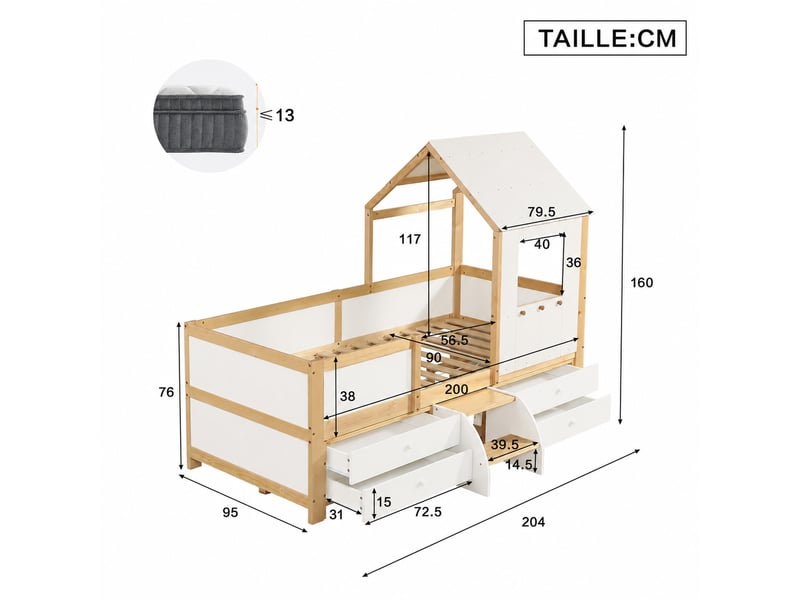  Lit cabane enfant 90x200 cm, lit simple avec toit, fenêtre, 4 tiroirs et escalier, sans matelas, blanc et naturel  - Conforama D