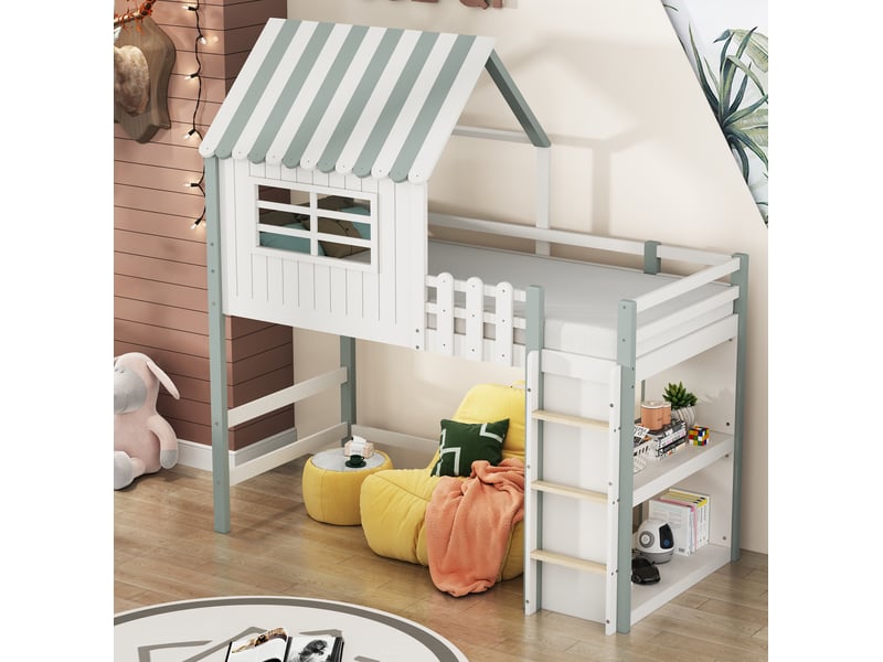 Lit mezzanine enfant 90x200 cm avec toit et échelle de sécurité vert - Conforama B