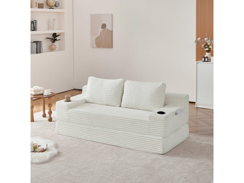  Canapé 2 places convertible - 180x170x62cm - canapé lit pliant 2 en 1 velours côtelé, porte-gobelets, poches - blanc  - Conforama D