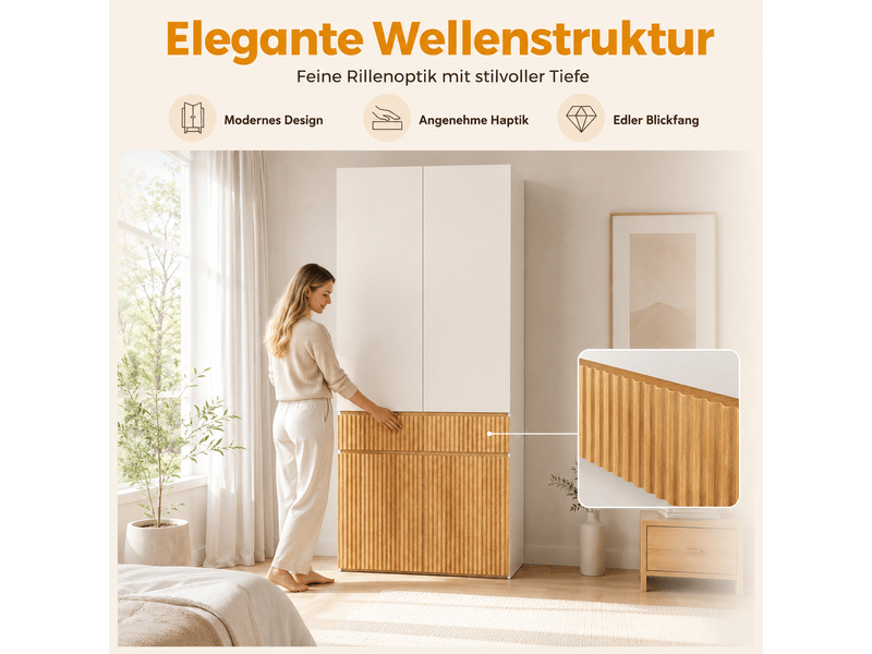 Armoire penderie 90 x 50 x 200 cm - 4 portes - 1 barre de penderie - 1 tiroir - meuble de chambre moderne - gris clair et naturel  - Conforama E