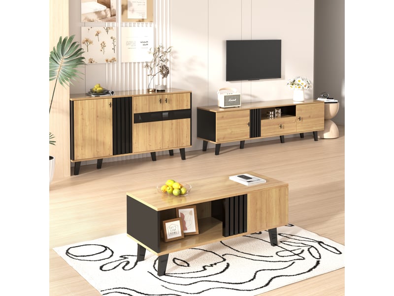 Ensemble de salon - meuble tv et table basse - design contemporain avec rangements - structure bois naturel - Conforama E