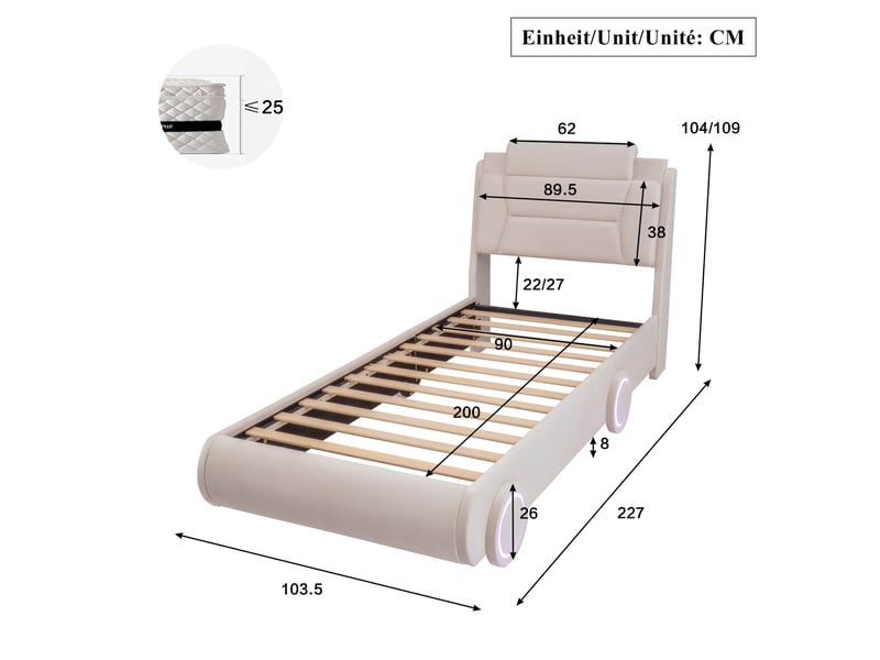  Lit simple enfant forme voiture 90x200 cm beige flanelle, tête de lit réglable 2 hauteurs, roues lumineuses  - Conforama C