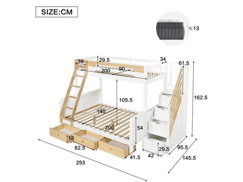 Lit superposé familial 90x200 et 140x200 cm, escalier avec rangement, échelle, 3 tiroirs, bois blanc et naturel Radiant Stride - Conforama C