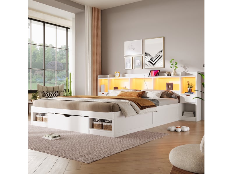 Lit plateforme 180x200 cm, tête et pied de lit avec rangements, led, port usb, mdf et contreplaqué, blanc sans matelas - Conforama D