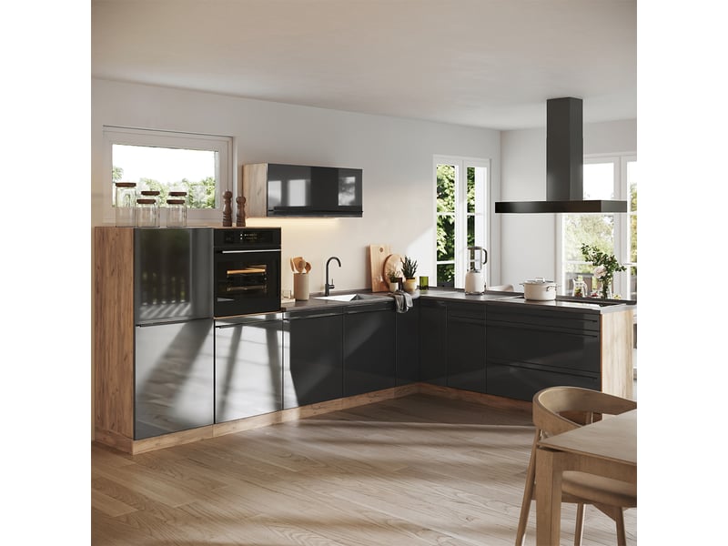  Vicco cuisine en angle, anthracite haute brillancechêne doré, 327 x cm plan de travail marbre  - Conforama C