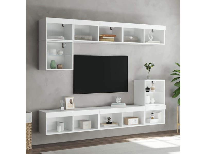  Meuble tv - unités murales tv avec led 8 pcs blanc bois d'ingénierie  - Conforama D