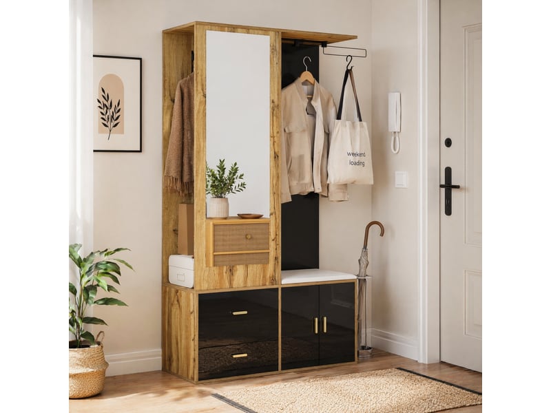  Meuble d'entrée avec miroir, banc, tiroir, 2 crochets, tringle coulissante et rangement chaussures, 100×38×180 cm  - Conforama B