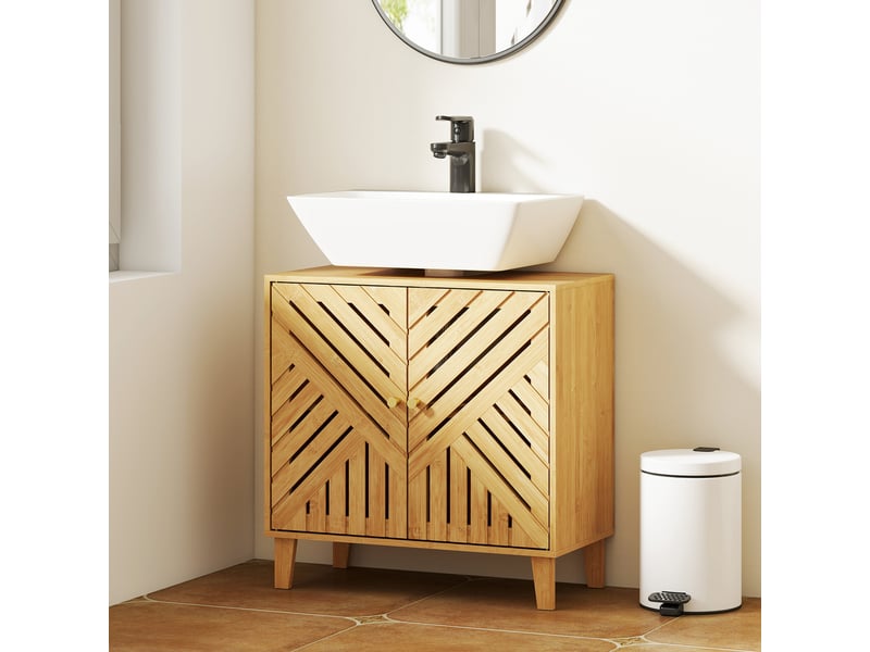  Meuble sous-évier en bambou naturel avec 2 portes à lattes et étagère réglable pour lavabo sans colonne 60 x 30 x 60 cm  - Conforama C