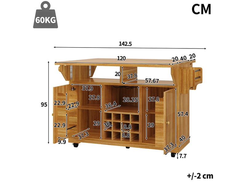  Desserte de cuisine sur roulettes marron foncé en mdf, îlot extensible avec plateau rabattable, hauteur 95cm  - Conforama W