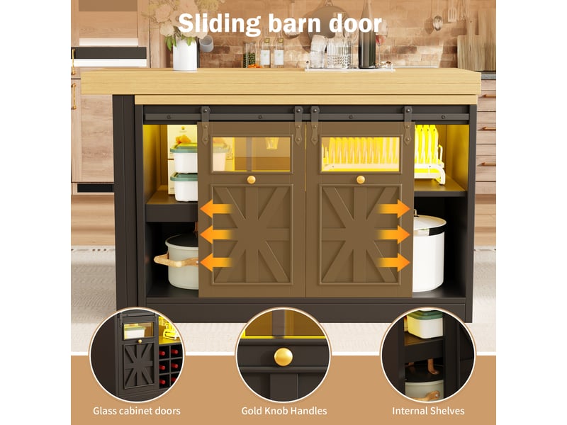 Desserte de cuisine avec table extensible rotative, éclairage led, portes vitrées et étagères, noire - Conforama E