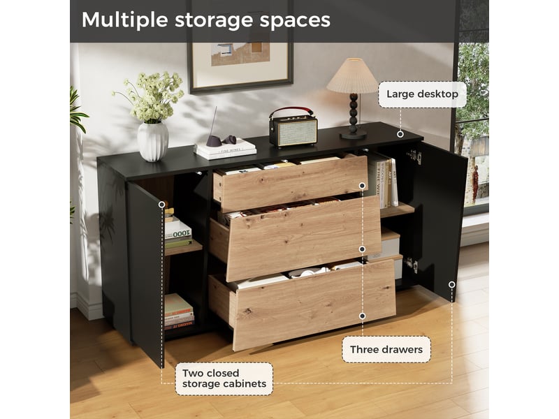 Buffet noir et bois 140 x 35 x 70 cm, meuble de rangement avec 3 tiroirs, 2 portes, étagères réglables et plateau supérieur - Conforama R